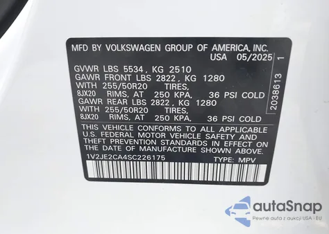 2025 Volkswagen Atlas Cross Sport 2.0T Se W/Technology z USA, uszkodzony, nr VIN 1V2JE2CA4SC226175